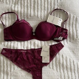 Simone Perele Wine Lace Underwire Bra and Lace Bikini Set